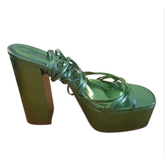 Lulu's Lugyy Womens Edgy Chunky Lime Green Metalic Lace Up Platform Heels Size 7 - Picture 3 of 9